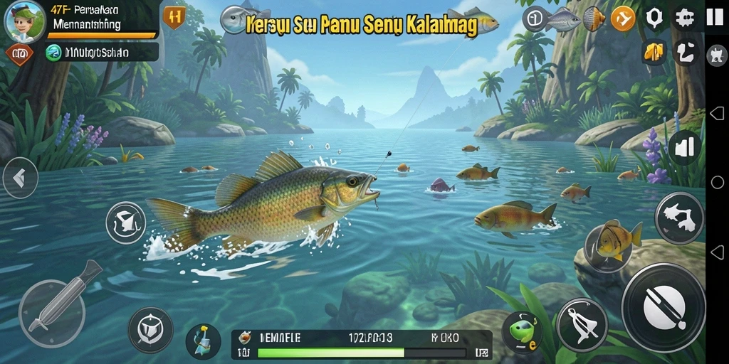 Tampilan gameplay 47F yang menampilkan aksi memancing yang seru.