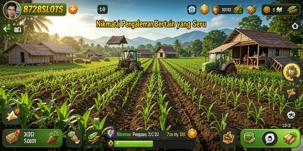 Tangkapan layar permainan 8728SLOTS menunjukkan lahan hijau dan tanaman subur.
