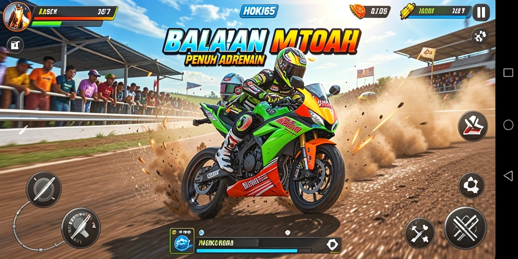 Tampilan gameplay seru HOKI65 dengan motor dan trek yang menantang.