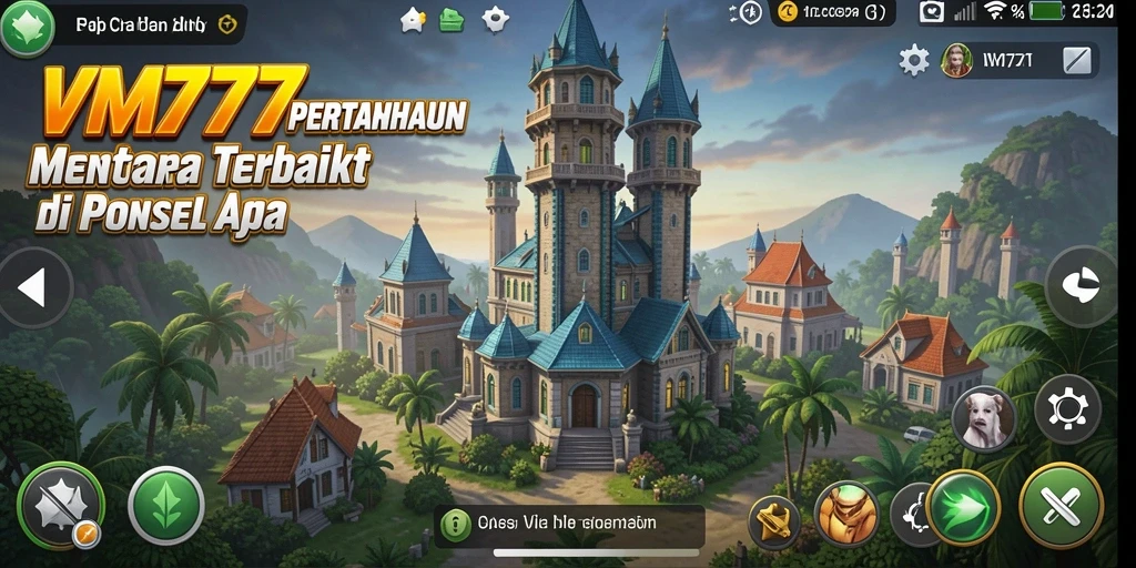 Screenshot gameplay VM777 yang menampilkan menara dan musuh yang beragam.